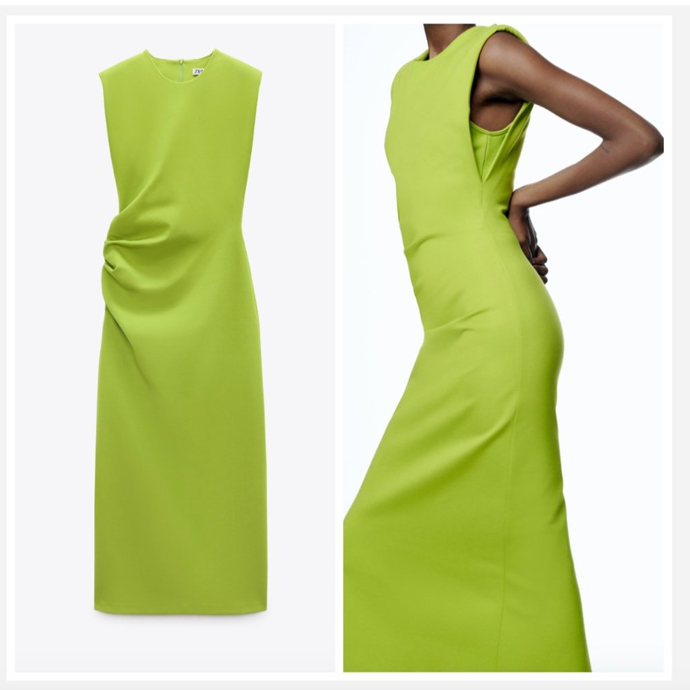 ZARA CITRINE GREEN STRETCH PADDED SHOULDER RUCHED DRAPED MIDI MAXI DRESS